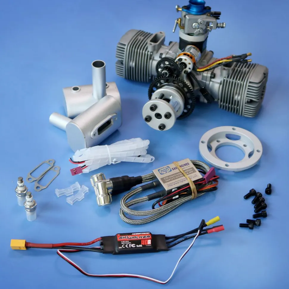 70cc Horizontally Opposed Twin-Cylinder Two-Stroke Air-Cooled Gasoline Engine Model with Electric Starter for Fixed-Wing RC Airplanes