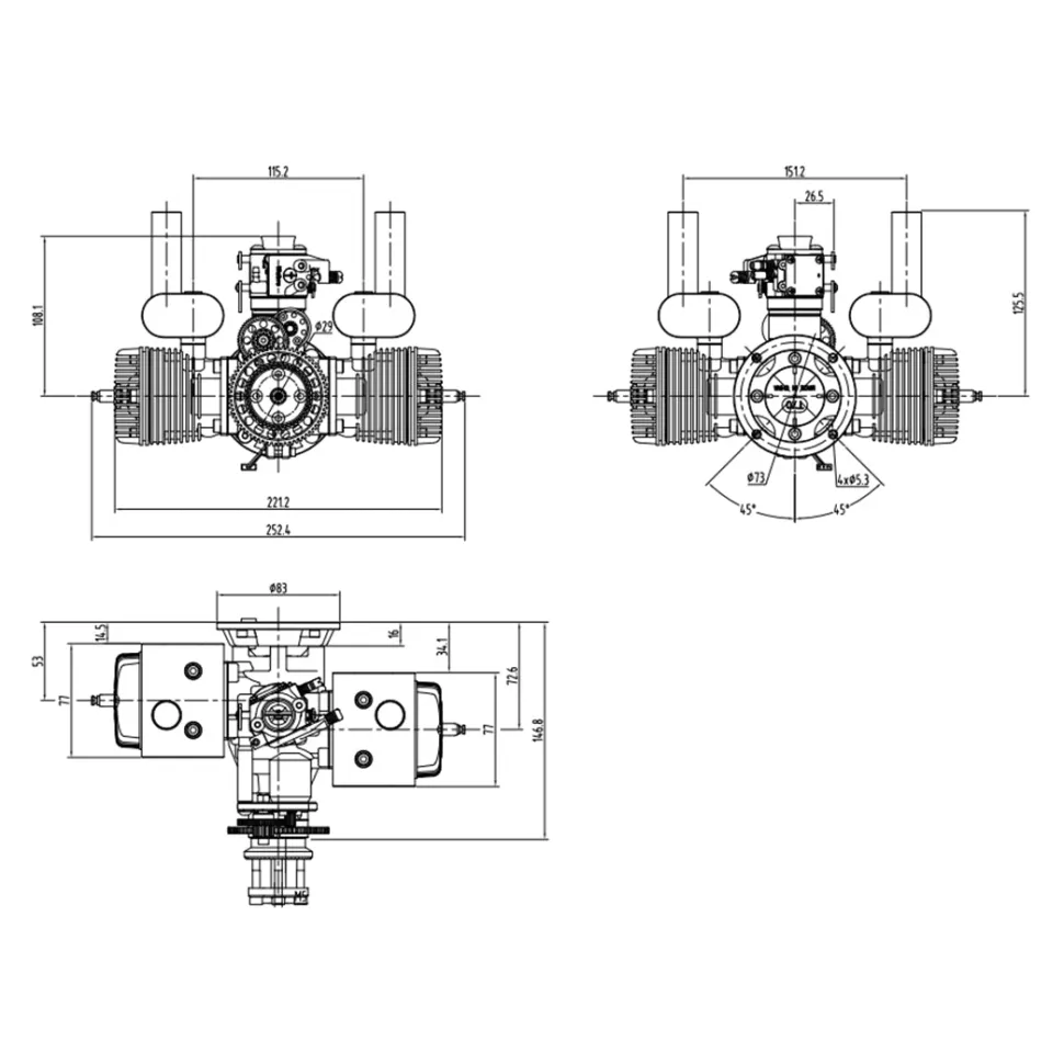 70cc Horizontally Opposed Twin-Cylinder Two-Stroke Air-Cooled Gasoline Engine Model with Electric Starter for Fixed-Wing RC Airplanes
