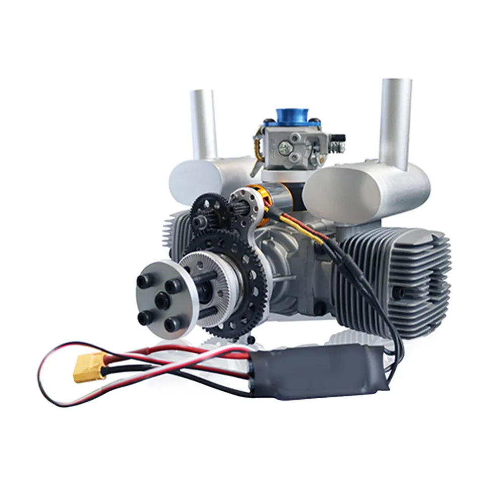 70cc Horizontally Opposed Twin-Cylinder Two-Stroke Air-Cooled Gasoline Engine Model with Electric Starter for Fixed-Wing RC Airplanes