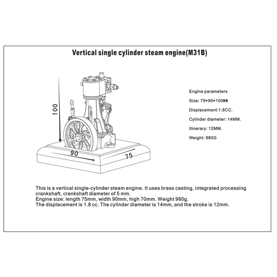 1.85CC Retro Vertical Single-cylinder Reciprocating Double-acting Model Steam Engine with 200ml Steam Boiler
