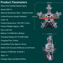 5 Cylinder Radial Engine Model Kit that Works - Build Your Own Radial Engine - TECHING 1: 6 Full Metal Radial Engine Model Kit 230+Pcs