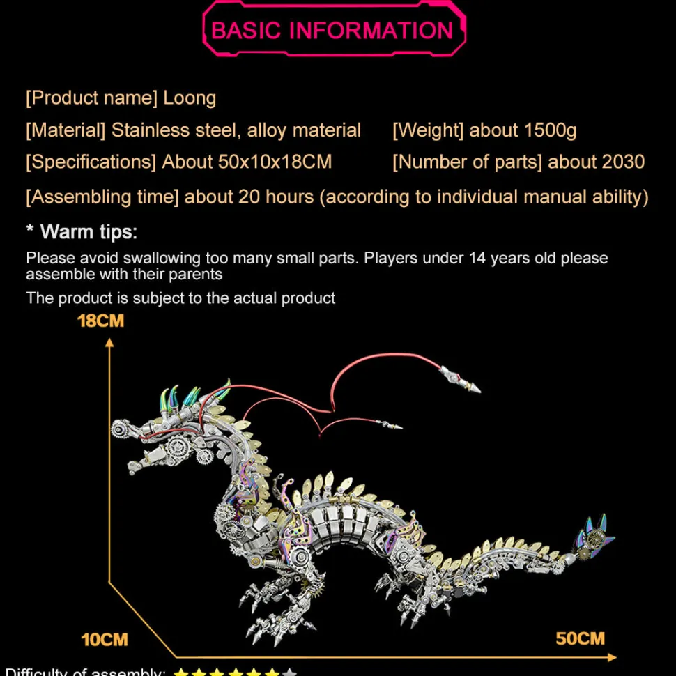 3D Metal Mechanical Dragon Crafts DIY Assembly Model Kit Art Device for Kids, Teens and Adults-2030+PCS