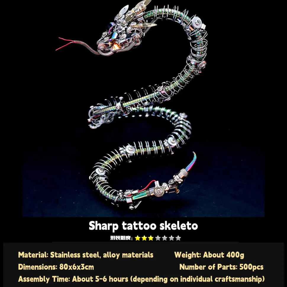 3D Metal Mechanical Spiky Blue-Green Snake Assembly Model Kit-500+PCS