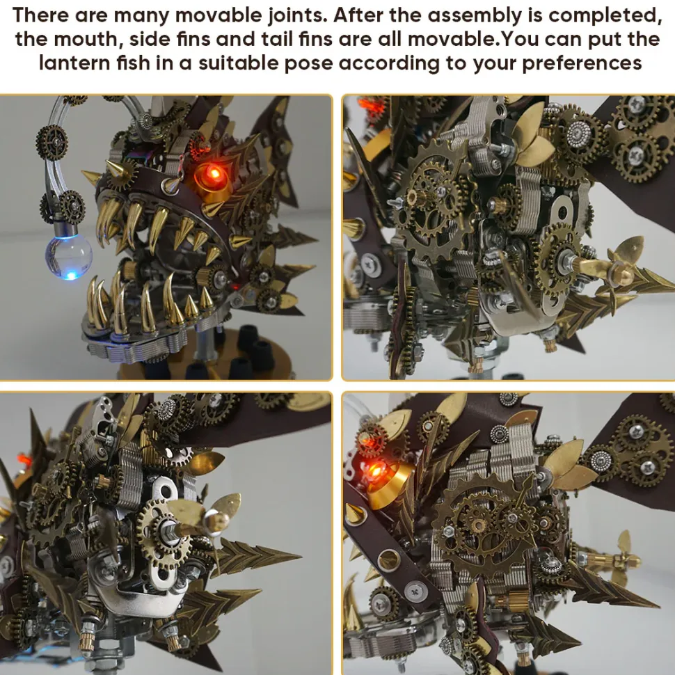 3D Metal Steampunk Craft Puzzle Mechanical Anglefish Model DIY Assembly with Luminous Bulb Creative Gift-1064PCS+