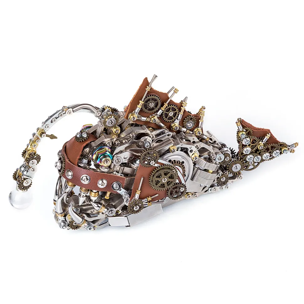 3D Metal Steampunk Craft Puzzle Mechanical Anglefish Model DIY Assembly with Luminous Bulb Creative Gift-1064PCS+