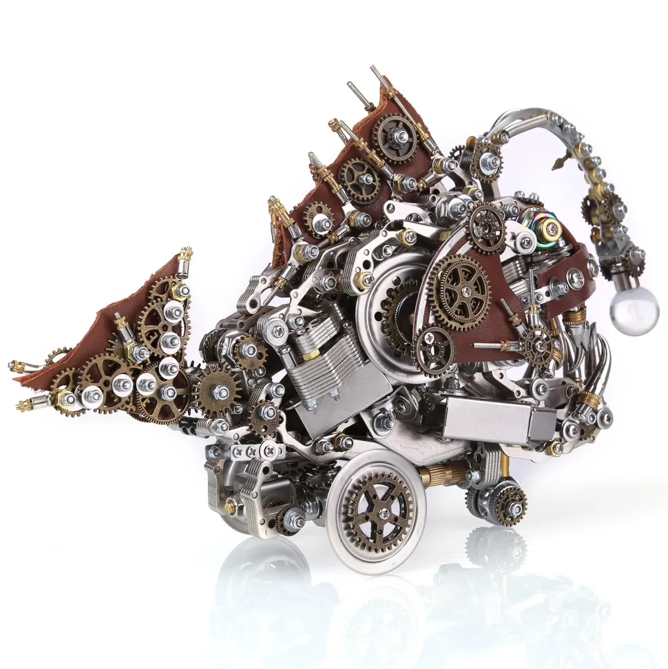 3D Metal Steampunk Craft Puzzle Mechanical Anglefish Model DIY Assembly with Luminous Bulb Creative Gift-1064PCS+
