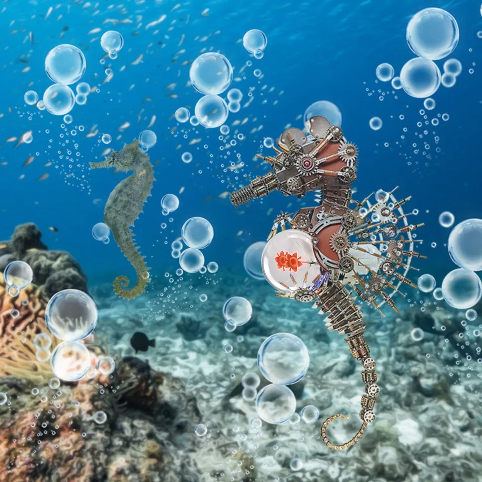 3D Metal Steampunk Craft Puzzle Mechanical Underwater Seahorse with Lamp Model DIY Assembly for Home Decor Creative Gift-2100PCS