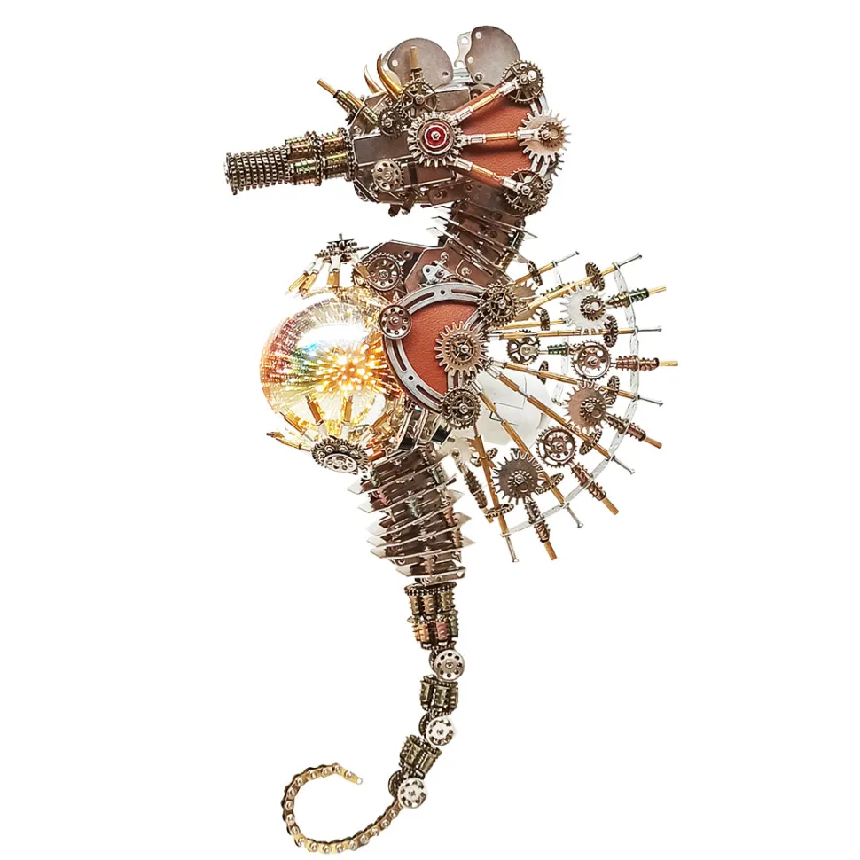 3D Metal Steampunk Craft Puzzle Mechanical Underwater Seahorse with Lamp Model DIY Assembly for Home Decor Creative Gift-2100PCS