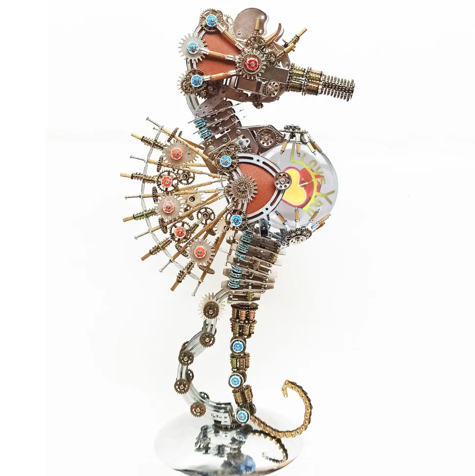 3D Metal Steampunk Craft Puzzle Mechanical Underwater Seahorse with Lamp Model DIY Assembly for Home Decor Creative Gift-2100PCS