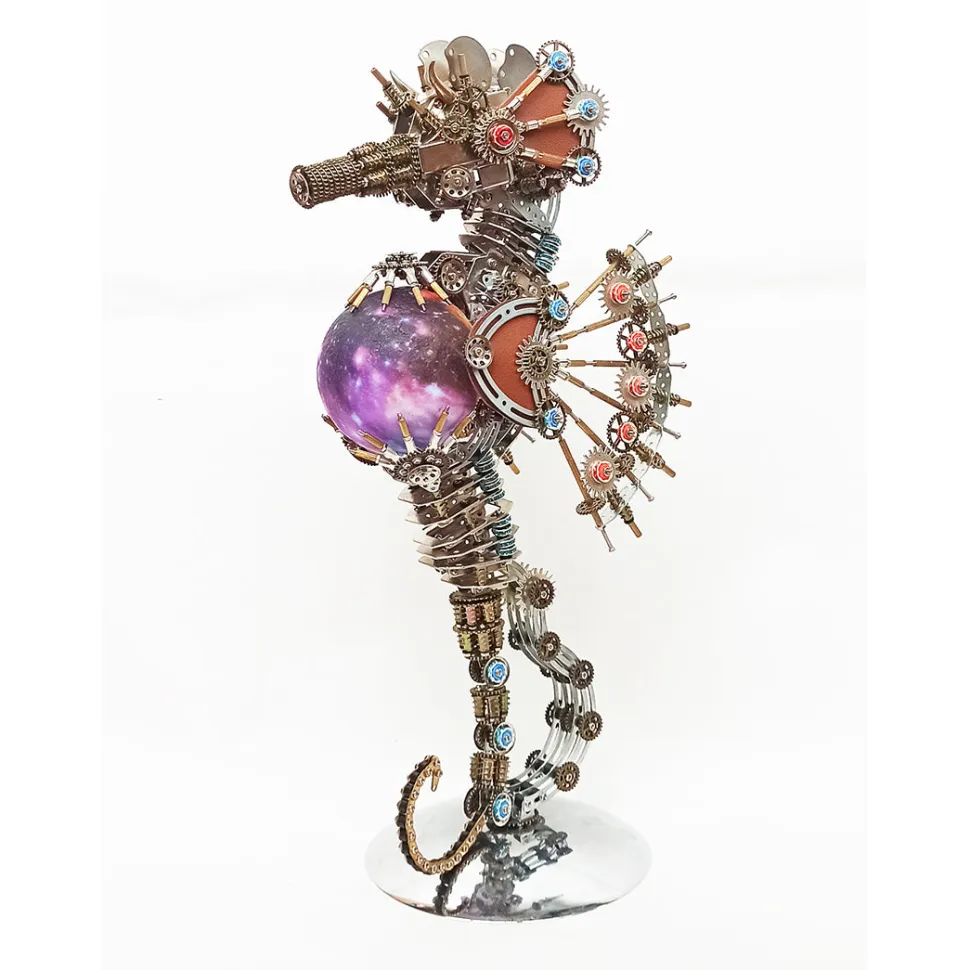 3D Metal Steampunk Craft Puzzle Mechanical Underwater Seahorse with Lamp Model DIY Assembly for Home Decor Creative Gift-2100PCS