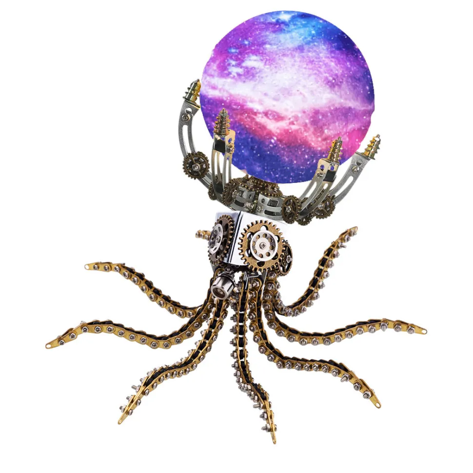 3D Metal Steampunk Galaxy Craft Puzzle Mechanical Octopus with 16 Colors Tap and Remote Control Lamp Model DIY Assembly for Home Decor Creative Gift-1060PCS