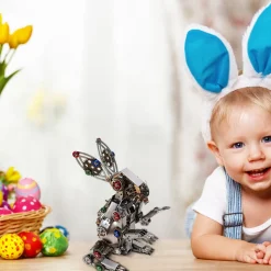 3D Metal Steampunk Puzzle Mechanical Easter Bunny Rabbit Model DIY Assembly Animal Jigsaw Puzzle Kit with Egg-500PCS+