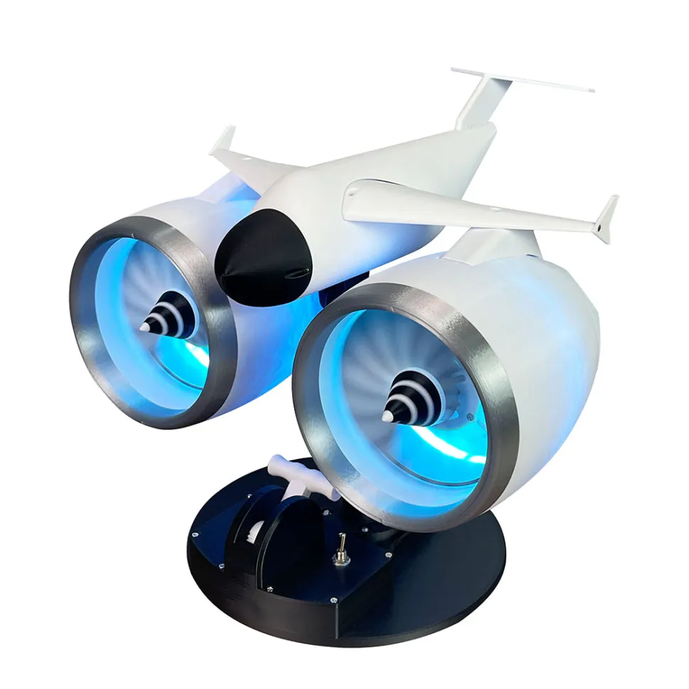 3D Printed Twin Turbo Jet Engine Desktop Fan with LED Light, Adjustable Speed Aviation Display Model