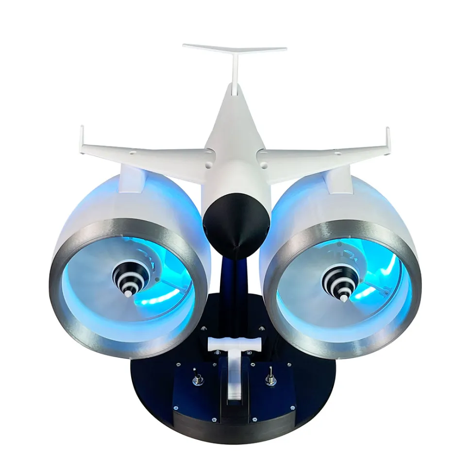 3D Printed Twin Turbo Jet Engine Desktop Fan with LED Light, Adjustable Speed Aviation Display Model