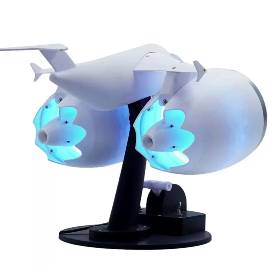 3D Printed Twin Turbo Jet Engine Desktop Fan with LED Light, Adjustable Speed Aviation Display Model