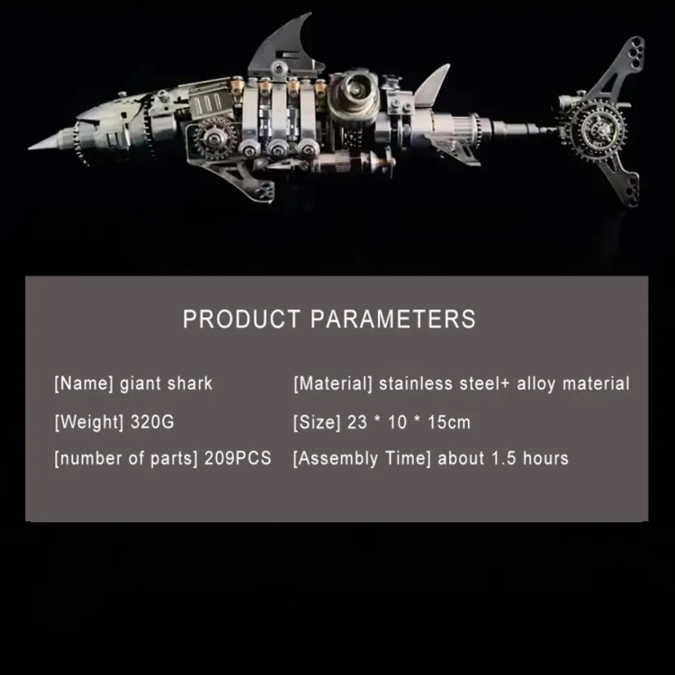 3D Puzzle Model Kit Mechanical Shark with Display Platform Metal Games DIY Assembly Jigsaw Crafts Creative Gift-209PCS
