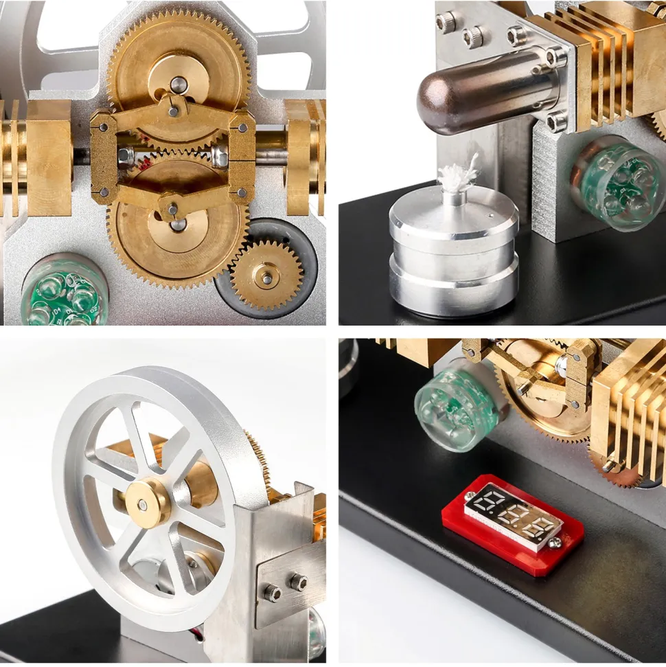 ENJOMOR Hot Air Stirling Engine Generator Model with LED Light and Voltmeter - Horizontally Opposed Diamond Structure Gear Drive