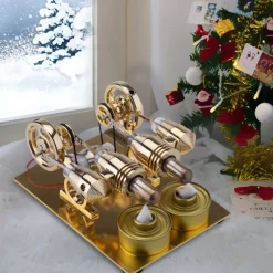 ENJOMOR Paratactic 4 Cylinder Hot Air Stirling Engine Model Mini Electric Generator with Light Bulb and Voltmeter - STEM Toy