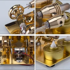 ENJOMOR Paratactic 4 Cylinder Hot Air Stirling Engine Model Mini Electric Generator with Light Bulb and Voltmeter - STEM Toy