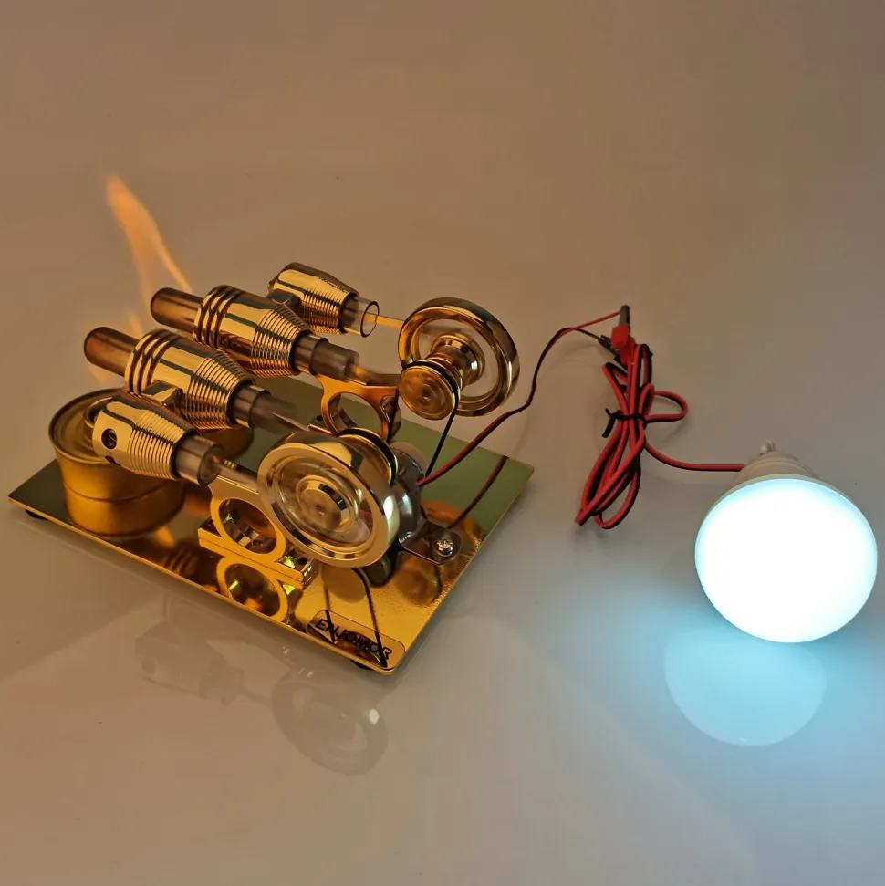 ENJOMOR Paratactic 4 Cylinder Hot Air Stirling Engine Model Mini Electric Generator with Light Bulb and Voltmeter - STEM Toy