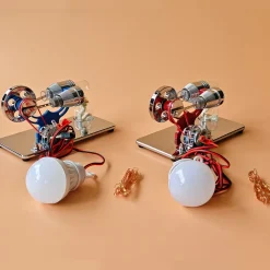 ENJOMOR γ-Type Mirror-Reflective Thermal Air Stirling Engine Generator Model with LED Bulb String