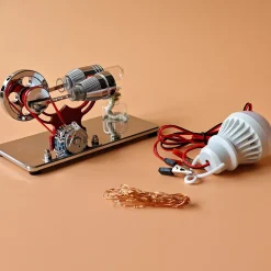 ENJOMOR γ-Type Mirror-Reflective Thermal Air Stirling Engine Generator Model with LED Bulb String