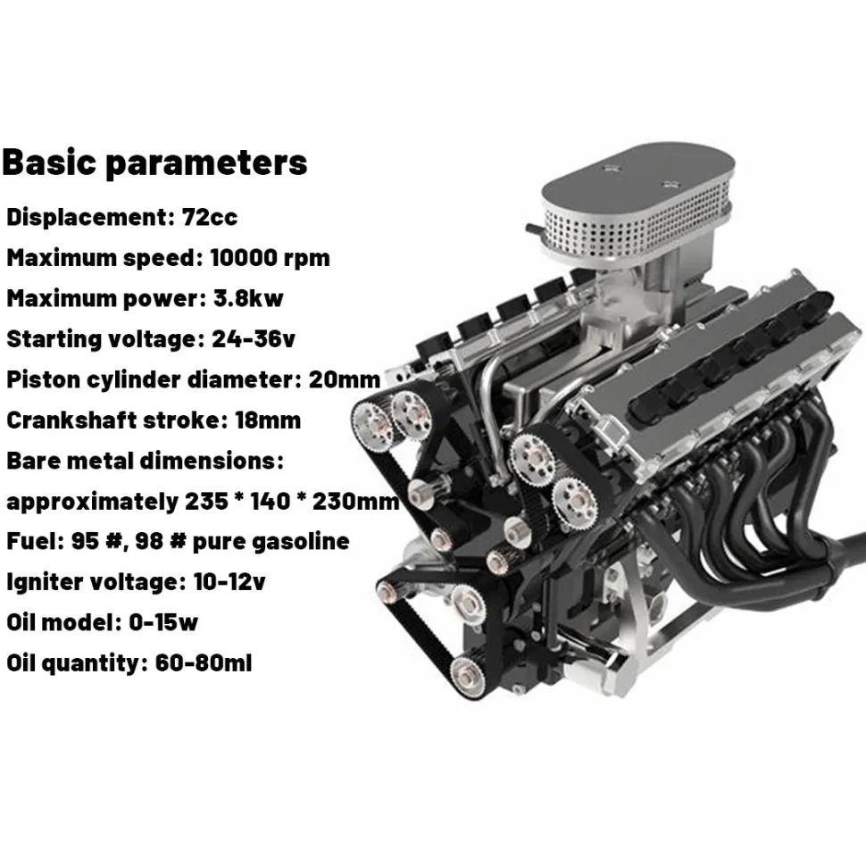 ENJOMOR V12 Engine GS-V12 72CC DOHC 4-Stroke 12-Cylinder 48-Valve Water-Cooled Electric Start Gasoline Engine Model - V12 Engine Model That Works
