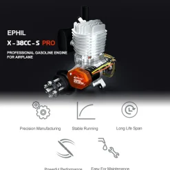 EPHIL X-38cc-S Pro Electric Startar Spark Plug Two-Stroke Single Cylinder Side Exhaust Gasoline Engine Model for Fixed-Wing Aircraft Models