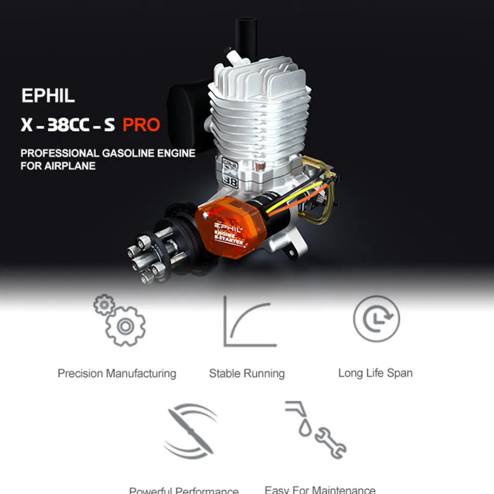 EPHIL X-38cc-S Pro Electric Startar Spark Plug Two-Stroke Single Cylinder Side Exhaust Gasoline Engine Model for Fixed-Wing Aircraft Models