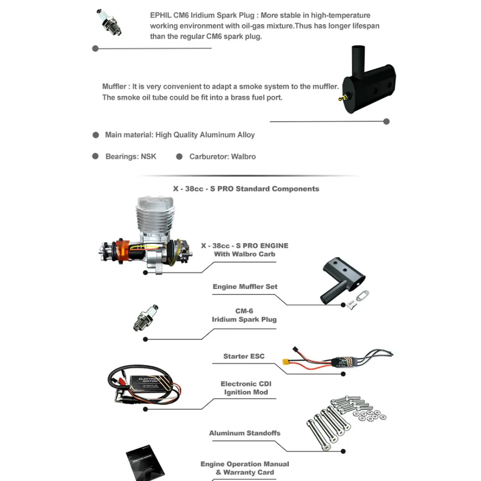 EPHIL X-38cc-S Pro Electric Startar Spark Plug Two-Stroke Single Cylinder Side Exhaust Gasoline Engine Model for Fixed-Wing Aircraft Models