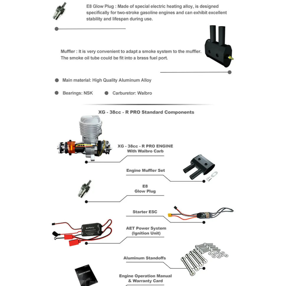 EPHIL XG-38cc-R Pro Electric Starter Glow Plug Two-Stroke Single Cylinder Side Exhaust Gasoline Engine Model for Fixed-Wing Aircraft Models