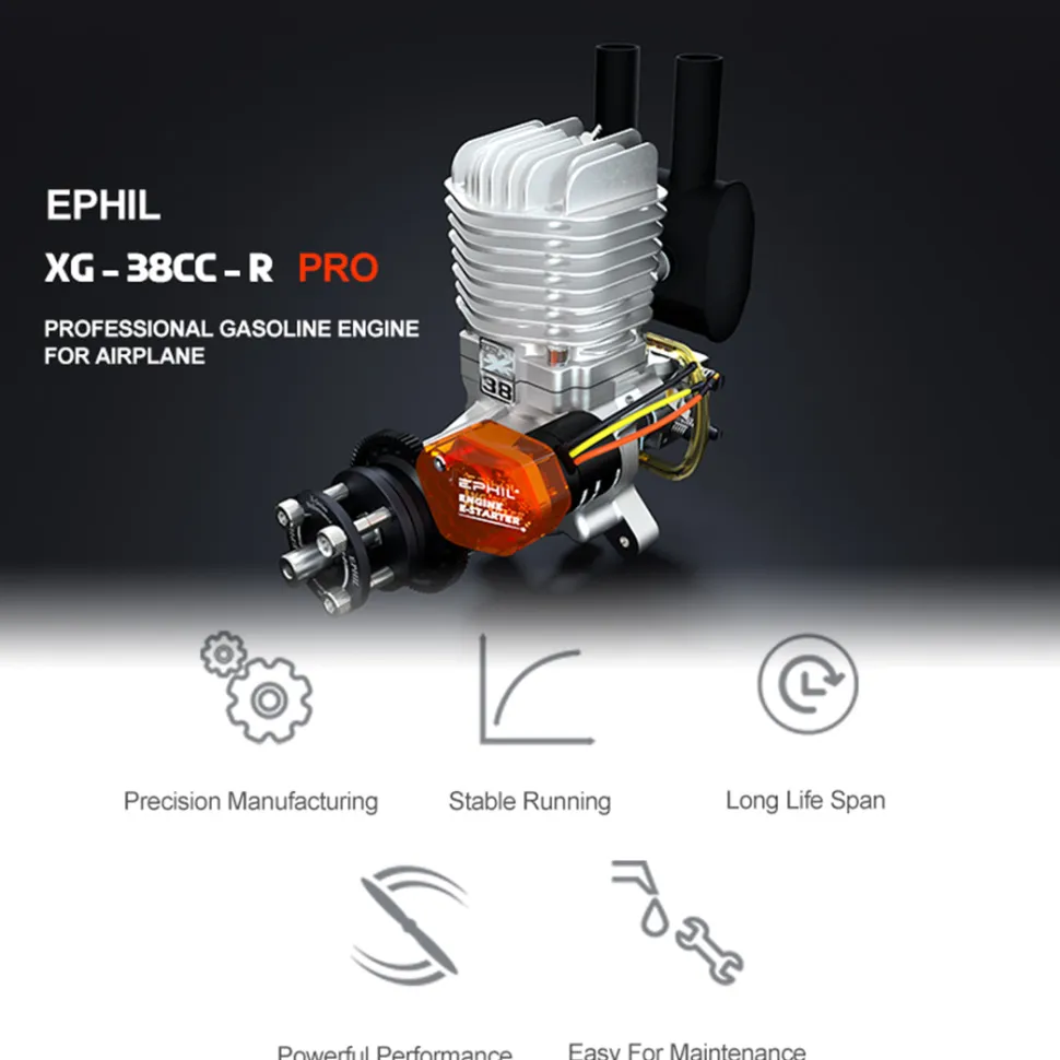 EPHIL XG-38cc-R Pro Electric Starter Glow Plug Two-Stroke Single Cylinder Side Exhaust Gasoline Engine Model for Fixed-Wing Aircraft Models