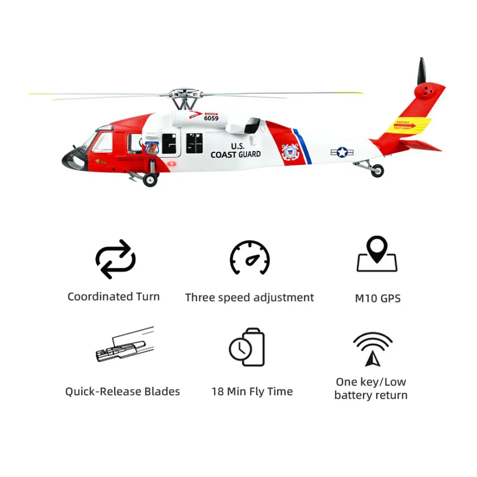 FLYWING MH-60T 2.4G 6CH 470-Class Quick-Release 4-Rotor Scale RC Military Helicopter Model with ACE Flight Controller, GPS Positioning & Left/Right-Hand Control