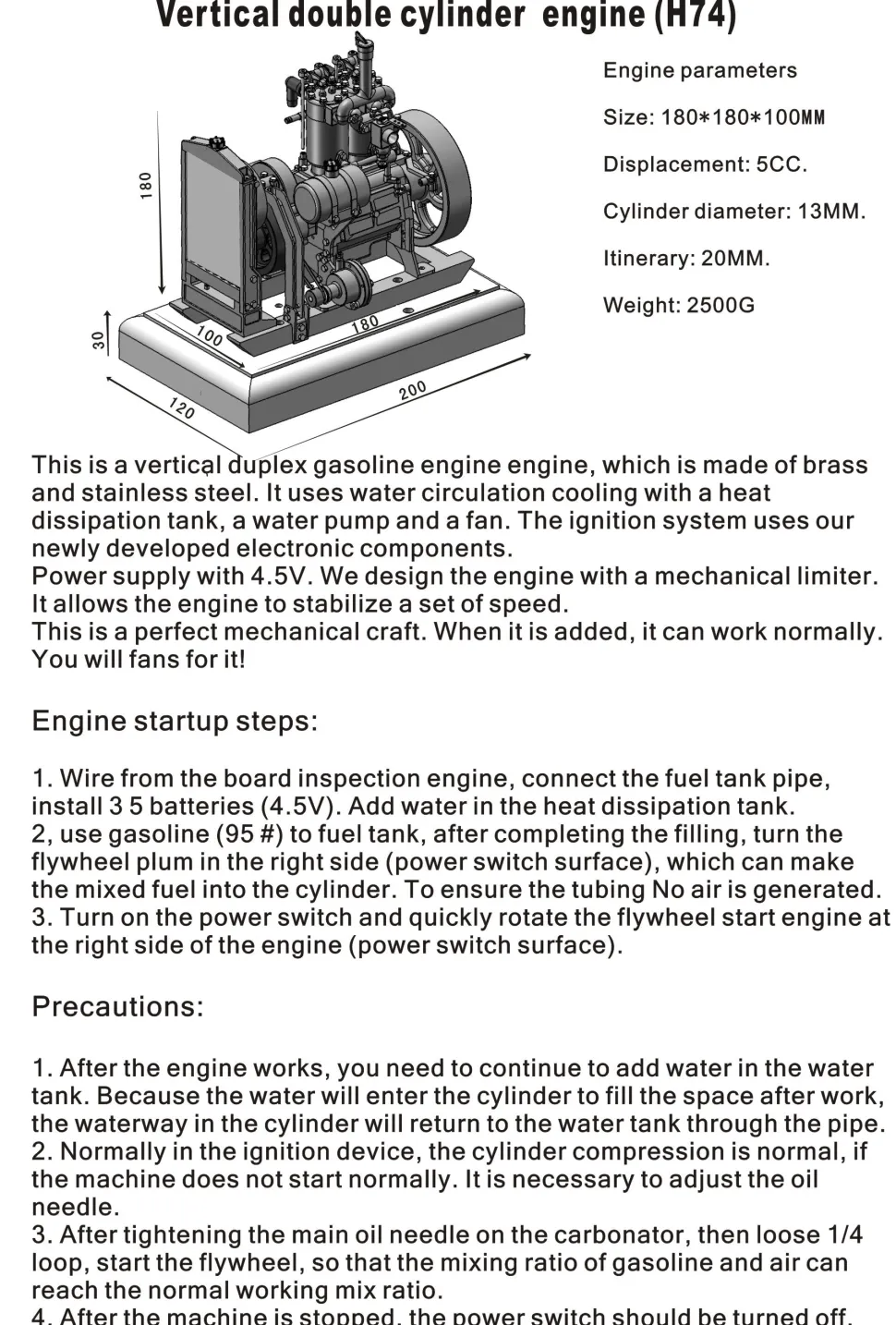H74 5CC 2-cylinder 4 Stroke Water Cooled Gasoline Engine ICE Model Internal Combustion Engine