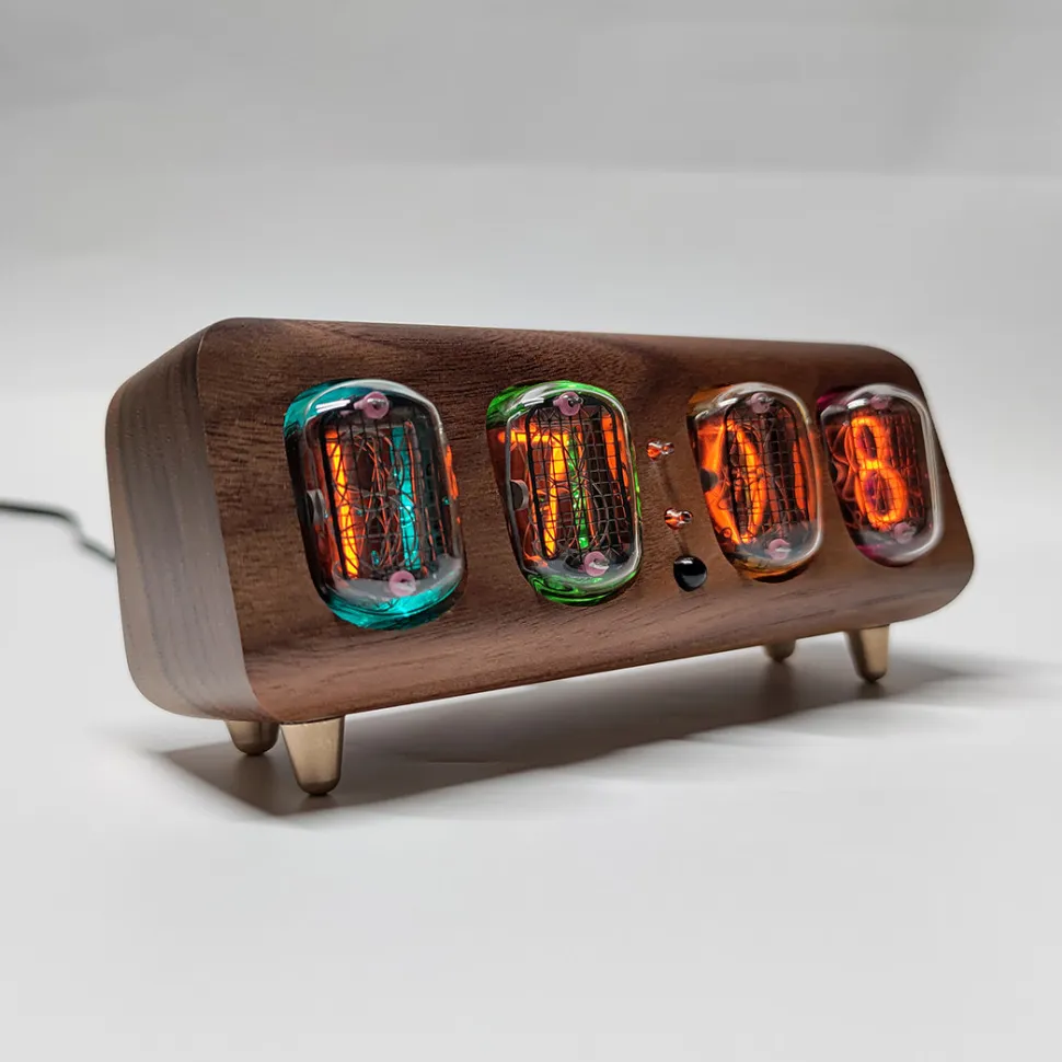 IN-12 Nixie Tube Clock Bluetooth Alarm Clock, Vintage Glow Tube Desk Clock with Black Walnut Wood & Remote Control