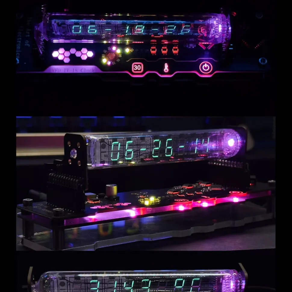 IV18 Vacuum Fluorescent Tube Clock - Cyberpunk NIXIE Tube Decor, RGB Glowing Display for PC Gaming Setup
