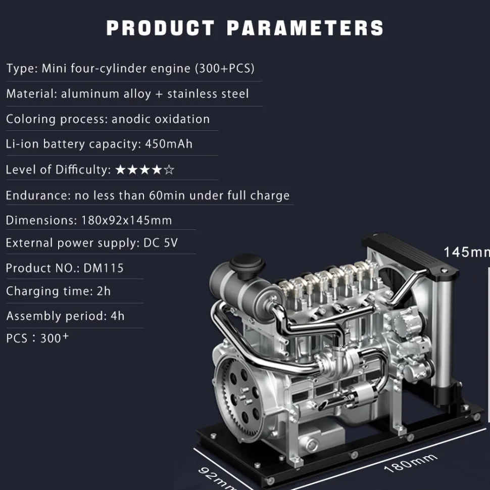 L4 Diesel Engine Model Kit that Works - Build Your Own Diesel Engine - TECHING 1: 10 Full Metal Mini L4 4 Cylinder Engine OHV Inline 4 Cylinder Engine Model Kit 300+PCS