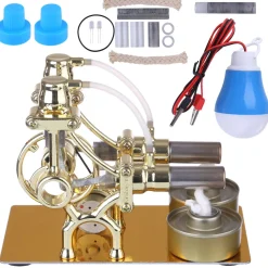 L-Type 2 Cylinder Stirling Engine Generator Model with LED Diode and Bulb Science Experiment Teaching Model Toy Collection