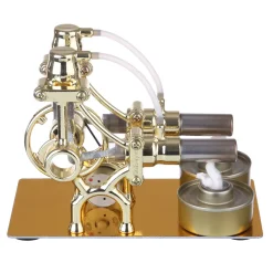 L-Type 2 Cylinder Stirling Engine Generator Model with LED Diode and Bulb Science Experiment Teaching Model Toy Collection