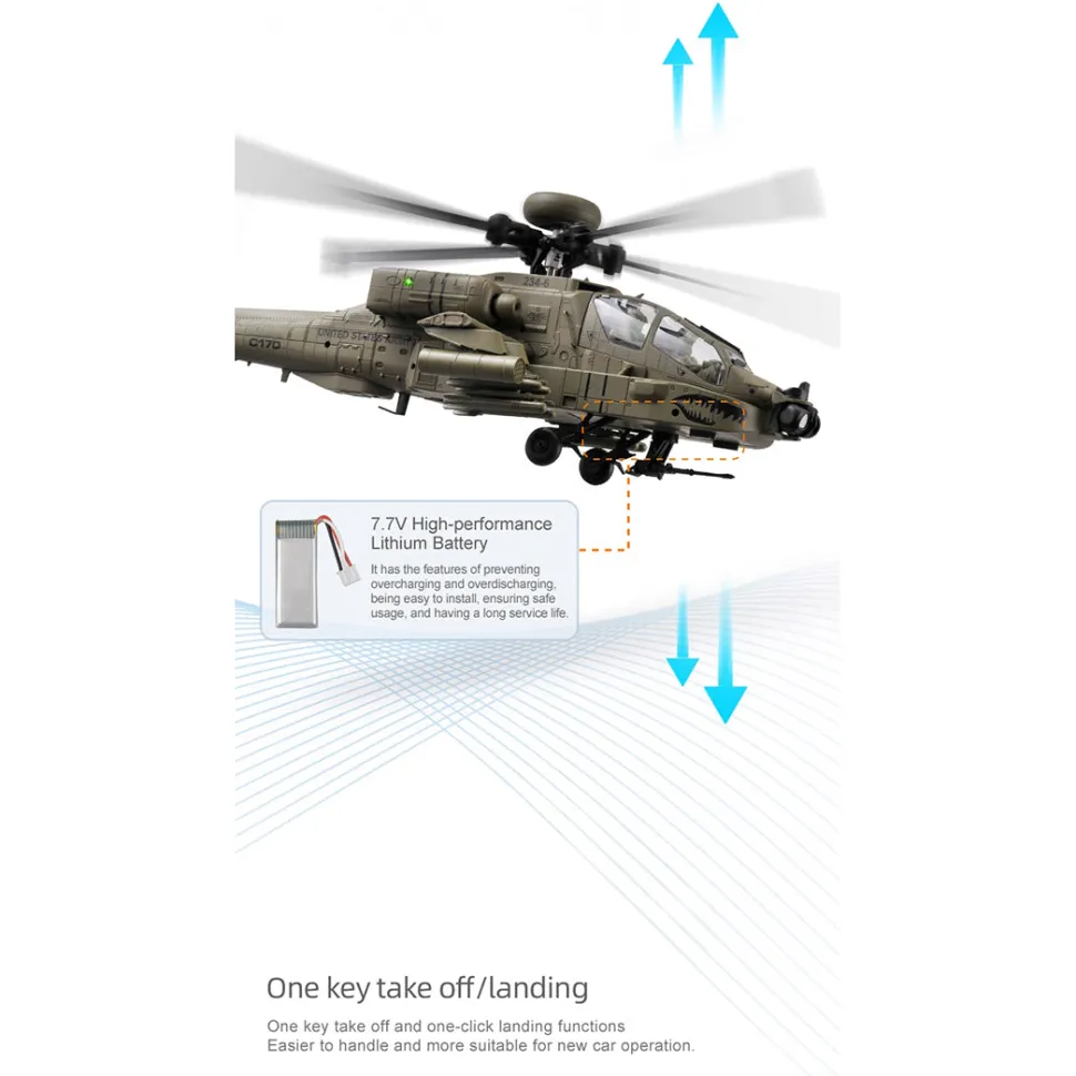 RC ERA C170 AH-64D 1/48 Scale 2.4G 6CH Flybarless Military RC Helicopter Model With Optical Flow Positioning, TOF Altitude Hold, One-Key Inverted Flight and Brushless Motor (RTF Version)