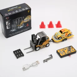 RC Forklift Remote Control Forklift With Flatbed Trailer Pullback Car 1/64 Scale 2.4G Kids Toy
