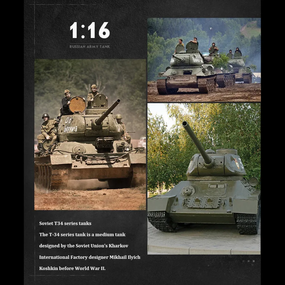 1/16 RC Tank Soviet T-34 Medium Tank 2.4G Remote Control Model Military Tank with Sound Smoke Shooting Effect - Upgraded Edition