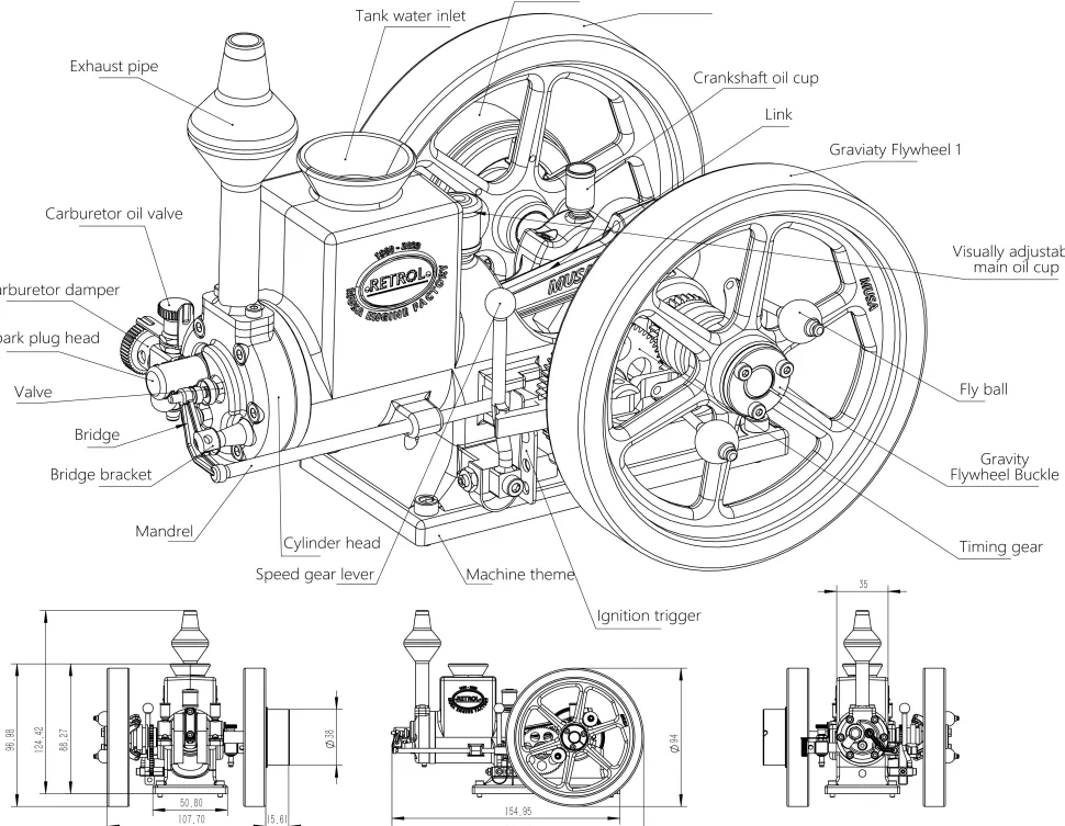 RETROL HM-01 7cc Antique Hit and Miss Engine 4-stroke Stationary Engine Horizontal IC Engine Model That Works