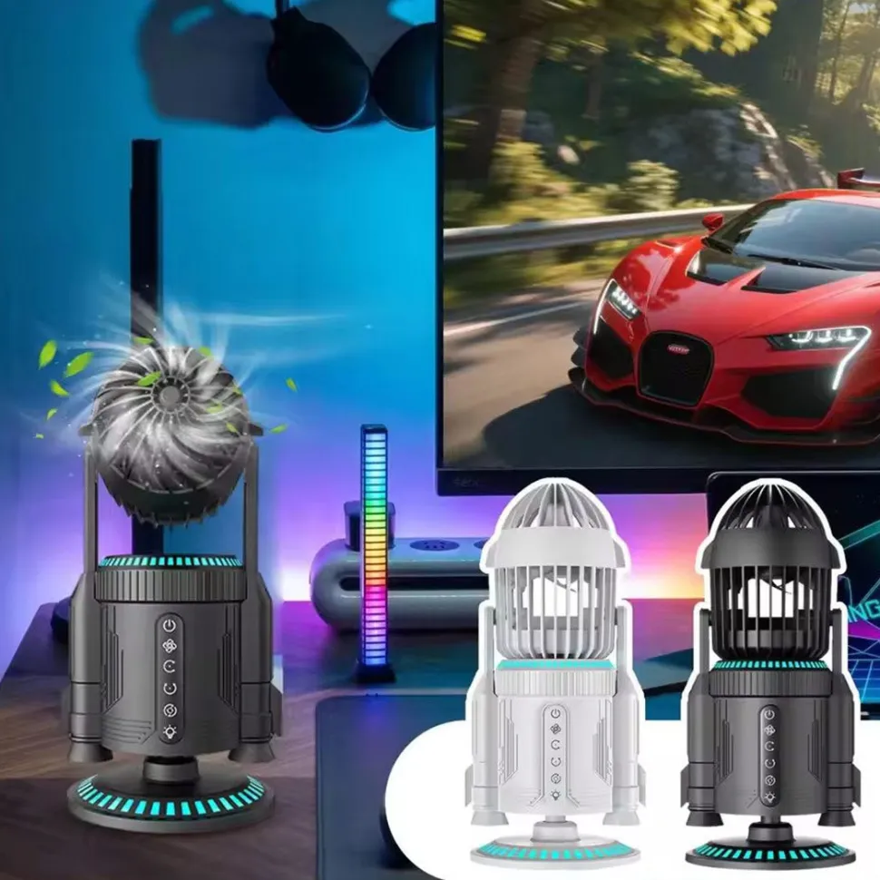 Rocket-Style Desktop Fan with Dual Mist Spray & RGB Lights - Ultra-Quiet Tech Decor for Office