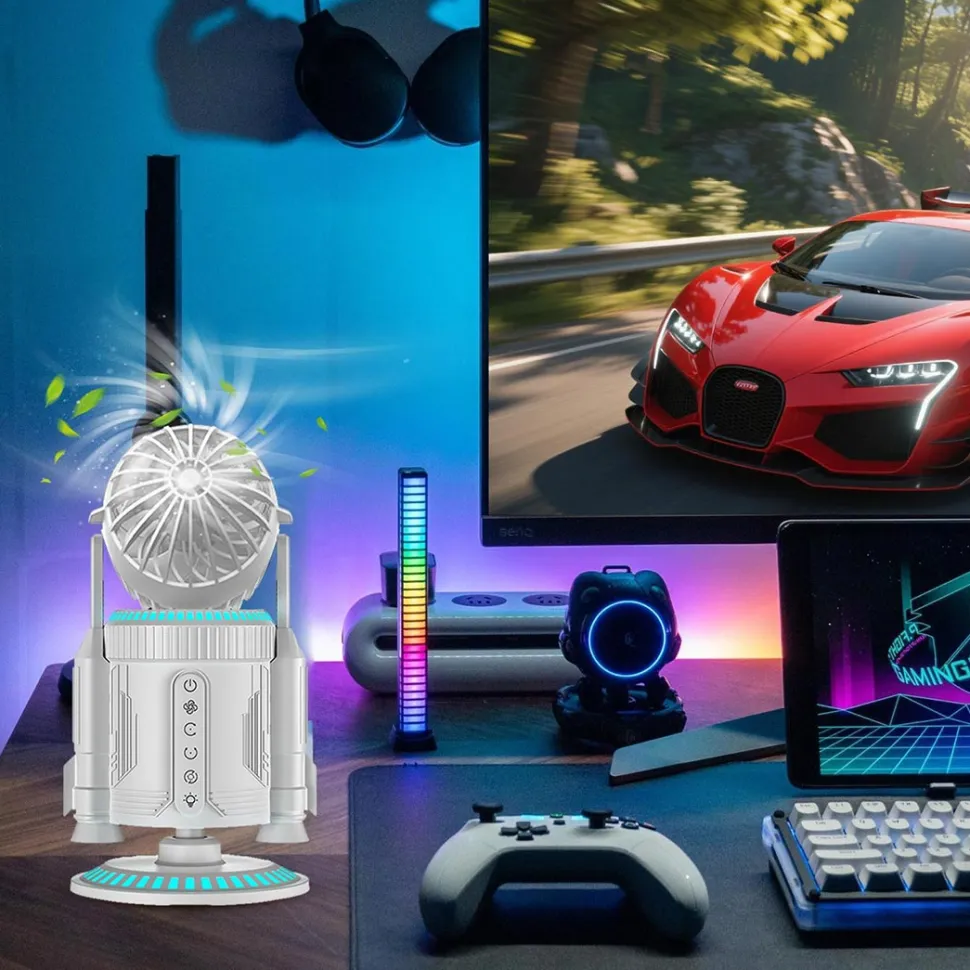 Rocket-Style Desktop Fan with Dual Mist Spray & RGB Lights - Ultra-Quiet Tech Decor for Office
