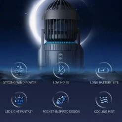 Rocket-Style Desktop Fan with Dual Mist Spray & RGB Lights - Ultra-Quiet Tech Decor for Office