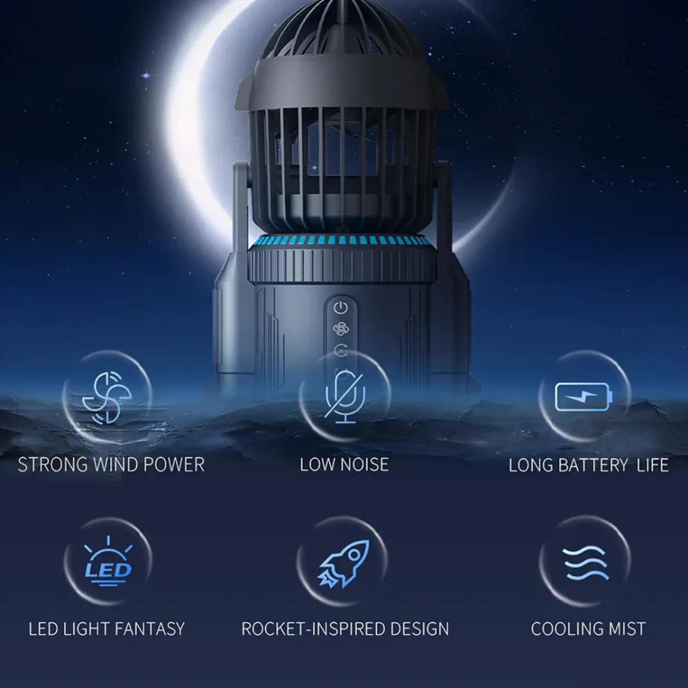Rocket-Style Desktop Fan with Dual Mist Spray & RGB Lights - Ultra-Quiet Tech Decor for Office
