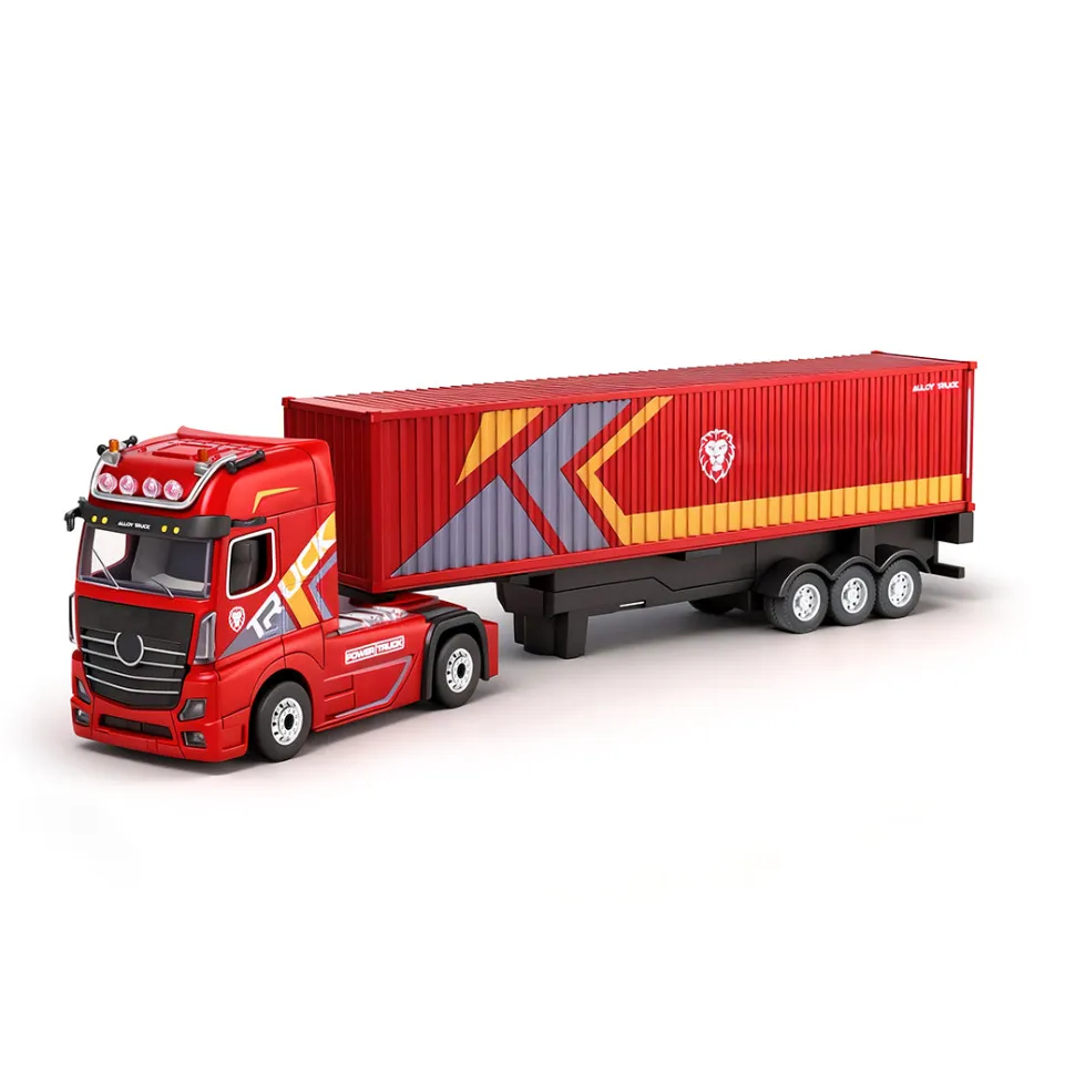 1/64 Scale 2.4GHz 4WD RC Container Truck, RTR RC Semi Truck with Proportional Steering, Independent Trailer Control, 3 Speed Gears, Cruise Function, Lifting Support Legs, Light & Sound Effects