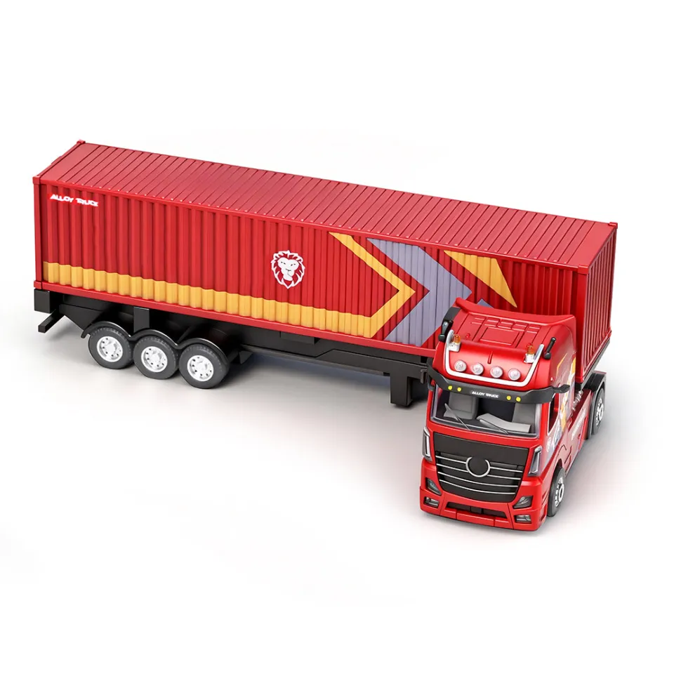 1/64 Scale 2.4GHz 4WD RC Container Truck, RTR RC Semi Truck with Proportional Steering, Independent Trailer Control, 3 Speed Gears, Cruise Function, Lifting Support Legs, Light & Sound Effects