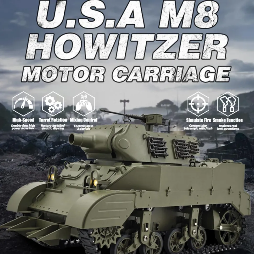 1/16 Scale 2.4G U.S. M8 Self-Propelled Howitzer RC Simulation Tank Model with Sound and Lights, Telescoping Smoke, Dual-Speed Modes